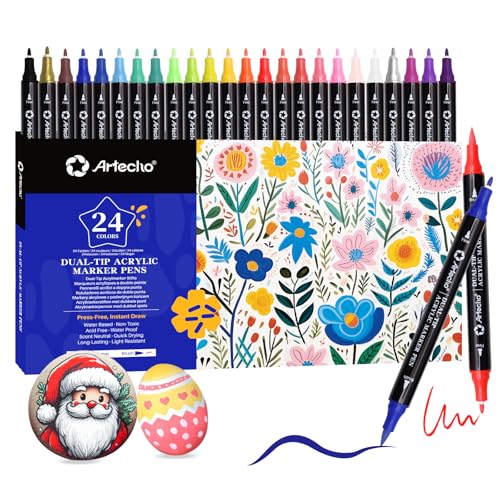 Artecho Acrylstifte 24 Farben, Dual Tip Marker mit 0.5-5mm Pinsel- und feiner Spitze, wasserfest für Rock Painting, Glas, Papier, Holz, Stoff und DIY Crafts