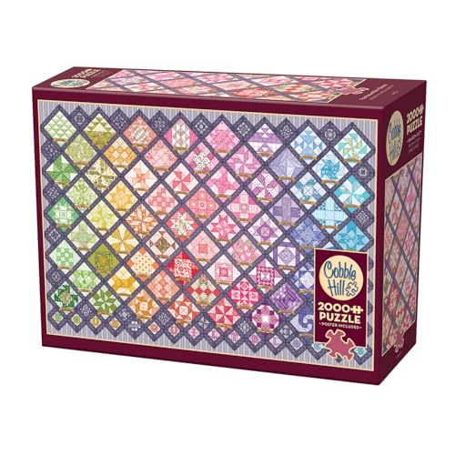 Cobble Hill 3849010 Quilt mit bunten Quadraten, 2000 Teile Puzzle inkl. Puzzleposter für Erwachsene und Kinder ab 12 Jahren, Mosaik, Patchwork, hochwertiger blauer Puzzlekarton