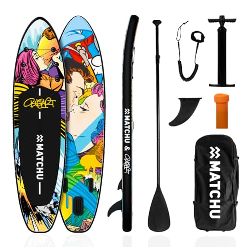 MATCHU Aufblasbares SUP Board - Paddelbrett, Limited Edition mit Zertifikat, Komplettset, 320x81x15 cm, belastbar bis 150 KG, Art Collection (BustArt Collection)