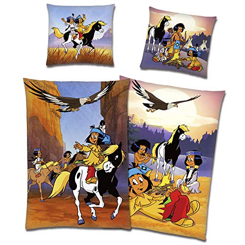 BERONAGE Yakari Wende-Bettwäsche Lagerfeuer 135 x 200 + 80 x 80 100% Baumwolle Biber-Flanell-Qualität mit YKK-Reißverschluss Kleiner Donner Regenbogen Dachs Großer Adler Kinderbettwäsche deutsche Größe in Flanell-Qualität aus 100% reiner Baumwolle, für optimales Schlafklima - blau