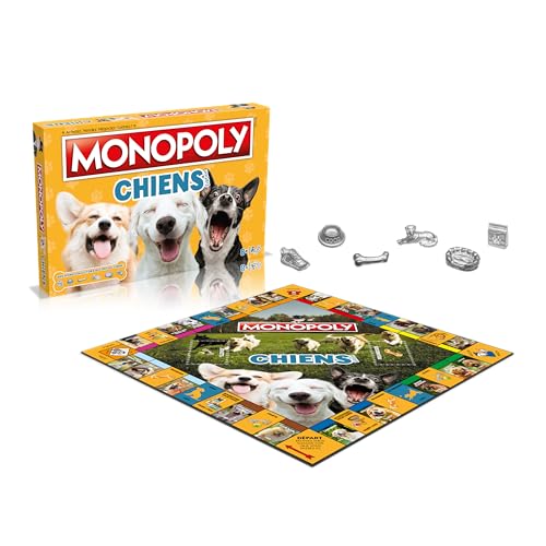 Winning Moves Monopoly Hunde, Brettspiel mit 6 Metallchips und hochwertigem Fototablett, Französische Version