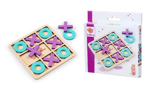 Eichhorn Tic Tac Toe Spiel, Holzspiel mit bunten Steinen in Türkis und Lila, Größe 13x13 cm, ab 3 Jahren