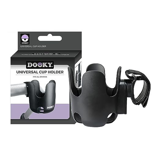 Dooky Getränkehalter für Kinderwagen und Buggy, universeller Becherhalter mit Klettverschluss, 360° Flexibilität, Anti-Rutsch-Schicht, BPA-frei - Schwarz