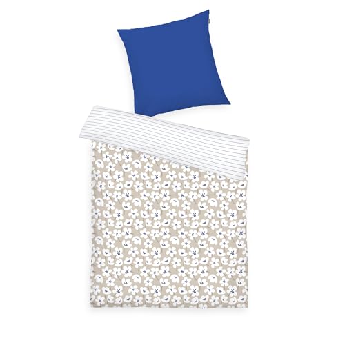 TOM TAILOR Renforcé-Bettwäsche FRESH FLOWERS, 80x80 + 135x200 cm, 100% Baumwolle, Wendemotiv, Blau-Beige (Cobalt & Sunny Sand)