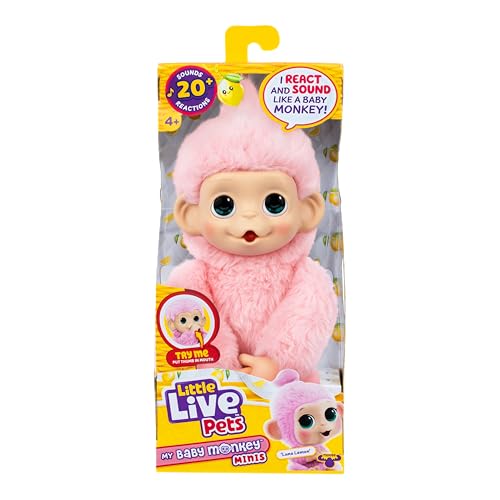 Little Live Pets Baby Monkey Minis Luna Lemon, interaktiver Plüschaffe mit 20+ Geräuschen, 18,8 cm, weiches rosa Fell, griffige Hände & Füße, sammle alle 3