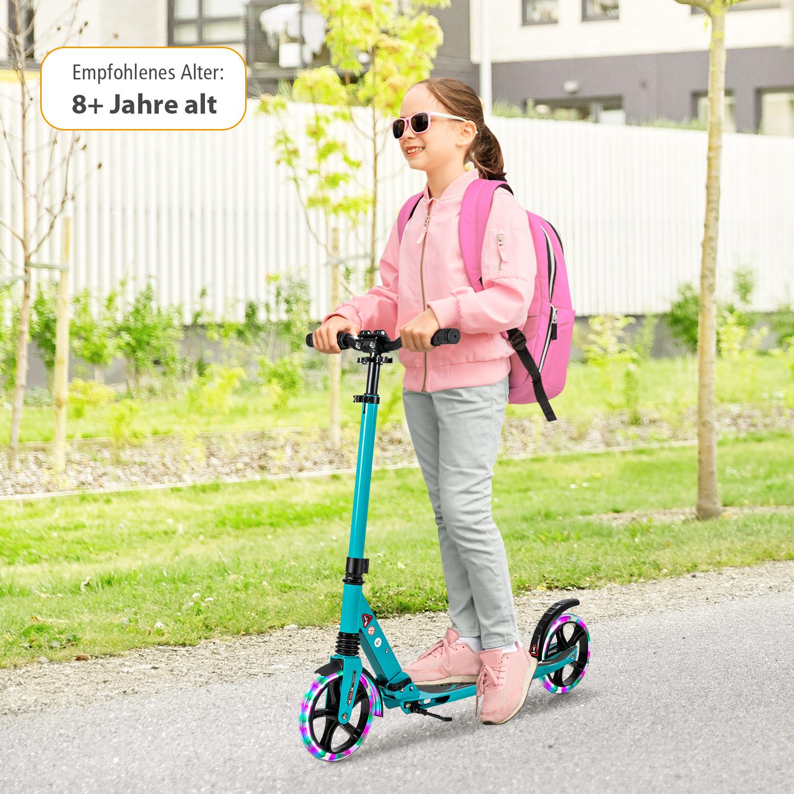 COSTWAY Klappbarer Kinder Roller, höhenverstellbar mit Tragegurt, Ständer und LED-Leuchten, bis 100kg belastbar, verfügbar in Schwarz/Blau/Rosa/Türkis