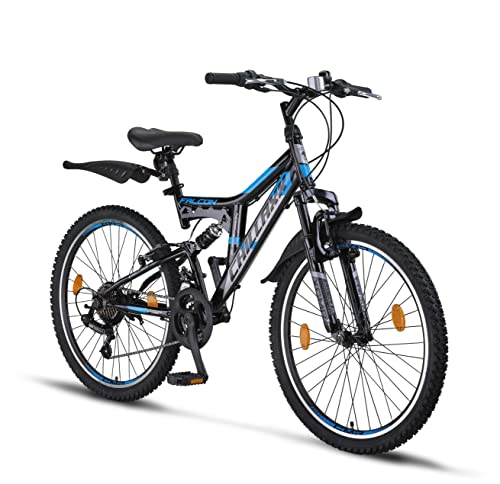 Chillaxx Bike Falcon Premium Mountainbike in 24 und 26 Zoll - Fahrrad für Jungen, Mädchen, Damen und Herren 21 Gang-Schaltung - Vollfederung (24 Zoll, Schwarz-Blau V-Bremse)
