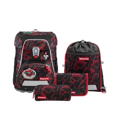 Step by Step Schulranzen-Set FIT „Ninja Yuma“, 5-teilig, ergonomischer Tornister rot-schwarz mit Reflektoren, höhenverstellbar, 19L für Jungen ab der 1. Klasse