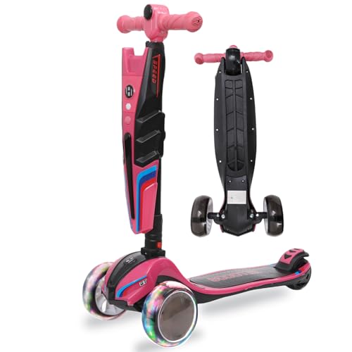 Habib Gruppe Kinderroller LED Leuchträder, 3 Rad Tretroller, klappbar, höhenverstellbar (65-95 cm), bis 50 kg, pink, für Mädchen & Jungen, 3-12 Jahre