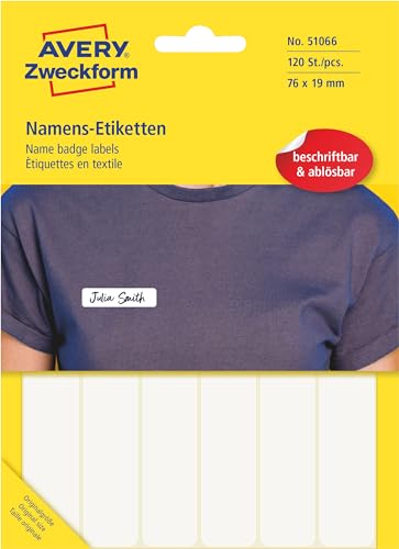 AVERY Zweckform Art. 51064, selbstklebende Namensetiketten für Kleidung, 120 Stück, 76x19mm, handbeschriftbar, einfach ablösbar, weiß