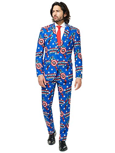 OppoSuits Captain America, Kostümanzug in Blau mit Jacket, Hose und Krawatte, Größe 50