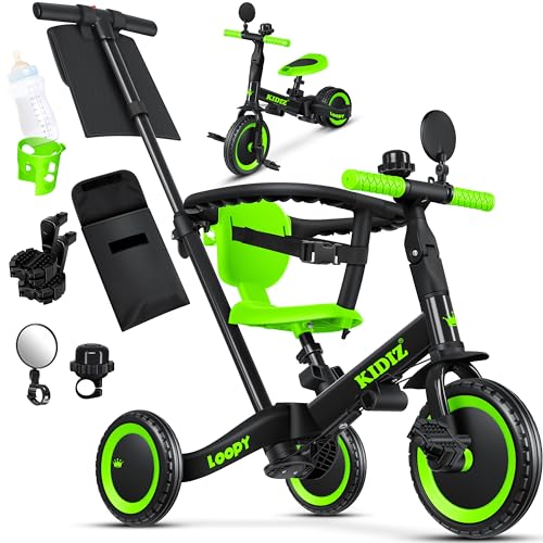 Kidiz 6in1 Laufrad Dreirad | Schwarz | Laufräder Lauffahrrad Kinderdreirad ab 1 Jahr bis 5 Jahre | Lauflernhilfe belastbar bis 25Kg | inkl. Lenkstange Sicherheitsbügel Sicherheitsgurt Klingel & Spiegel