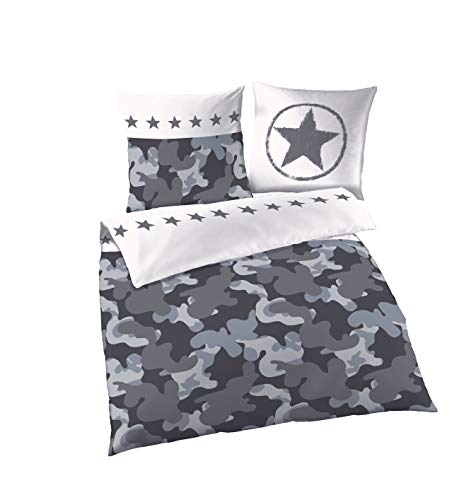 CAMOUFLAGE Bettwäsche · Sterne & Camo · Militär Army Tarnlook grau, silber, anthrazit · 2 teilig Kissenbezug 80x80 + Bettbezug 135x200 cm
