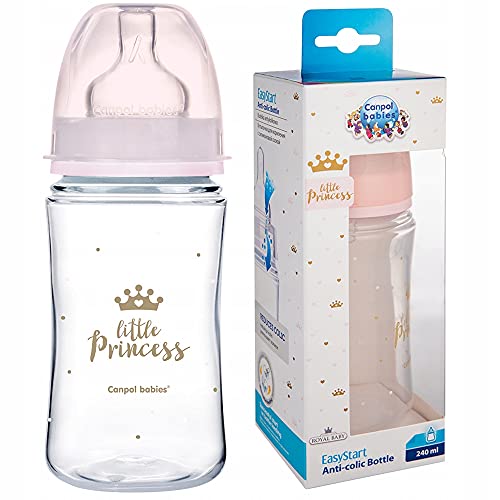 Canpol Babies Royal Baby Babyflasche 3m+ Pink 240 ml, mit weiter Hals und effektivem Entlüftungssystem