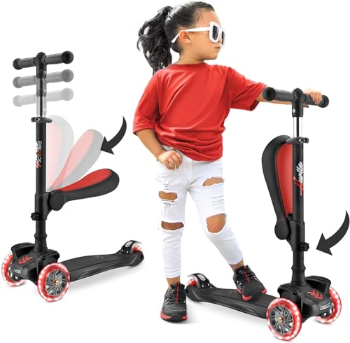 Hurtle ScootKid 3-Rad-Roller, Tretroller mit verstellbarem Lenker, rutschfester Plattform und blinkenden Radlichtern für Kinder von 2-12 Jahren, Mehrfarbig