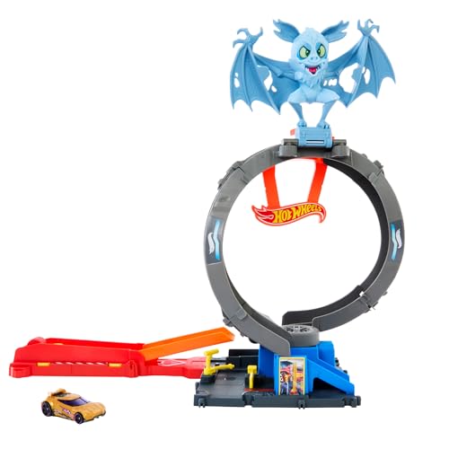 Hot Wheels City Nemesis Bat vs Tire Shop, Rennbahn-Set mit Looping und 1:64 Fahrzeug, erweiterbar
