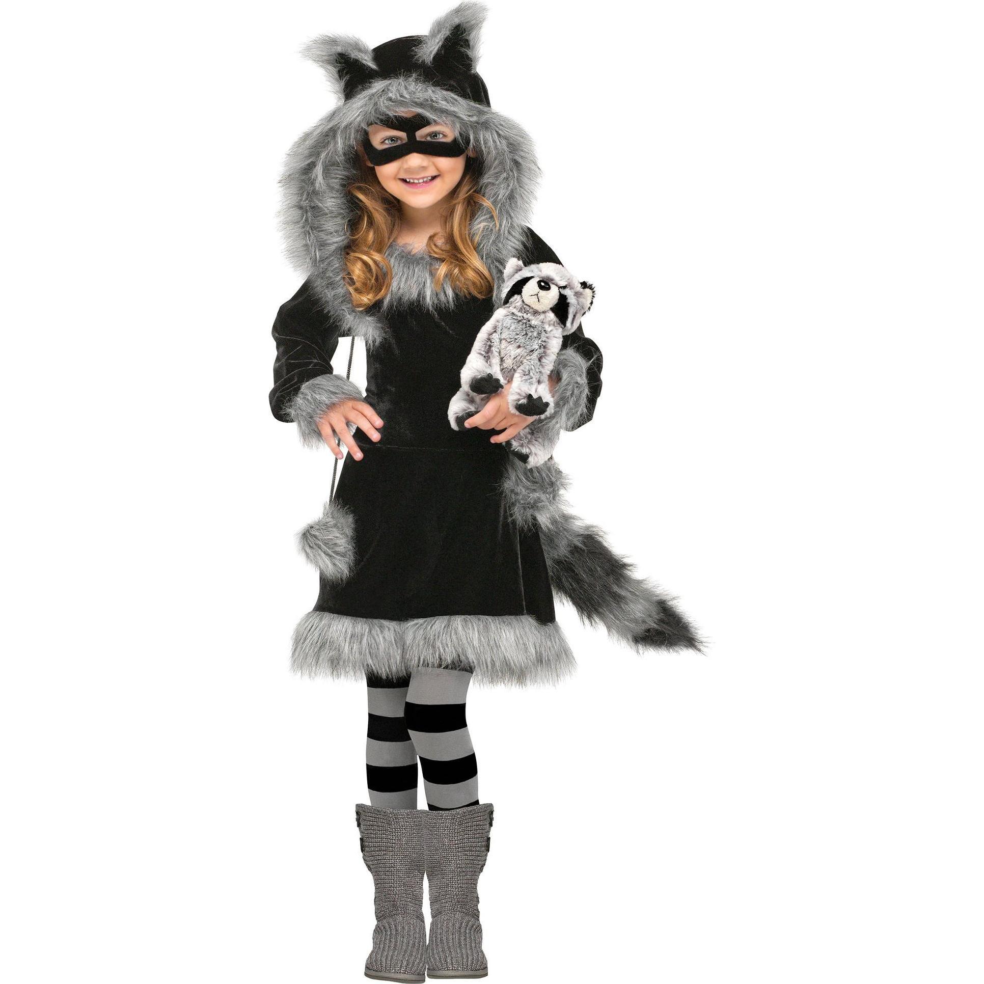 Fun World Division Kleiner Waschbär Kinderkostüm, 5-teilig in Grau-Schwarz mit Kleid, Kopfbedeckung, Strumpfhose und Maske, Größen 98-104