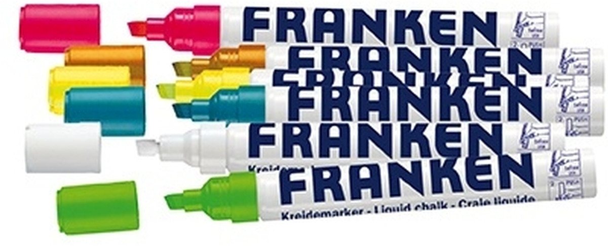 FRANKEN Kreidemarker Whiteboard Marker, 2-5mm Strichstärke, farbig sortiert (6 Stück: weiß, leuchtpink, leuchtgelb, leuchtorange, leuchtgrün, hellblau)