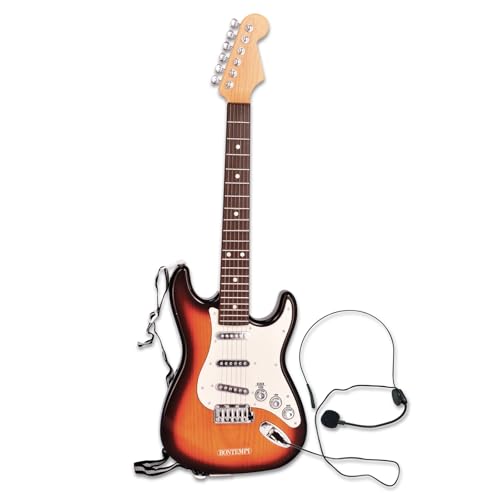 Bontempi Rock On, Elektronische Rockgitarre Wireless mit Mikrofon, Schultergurt und 10 vorinstallierten Songs, 67 cm
