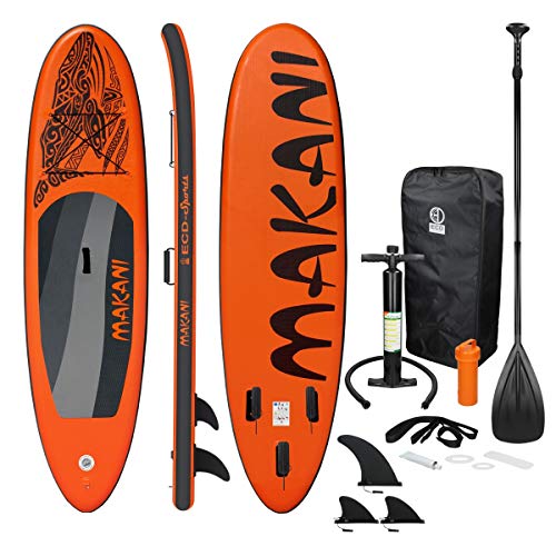 ECD Germany Aufblasbares Stand Up Paddle Board Makani, 320 x 80 x 15 cm, Orange, PVC, bis 120 kg, inkl. Pumpe, Tragetasche und Zubehör