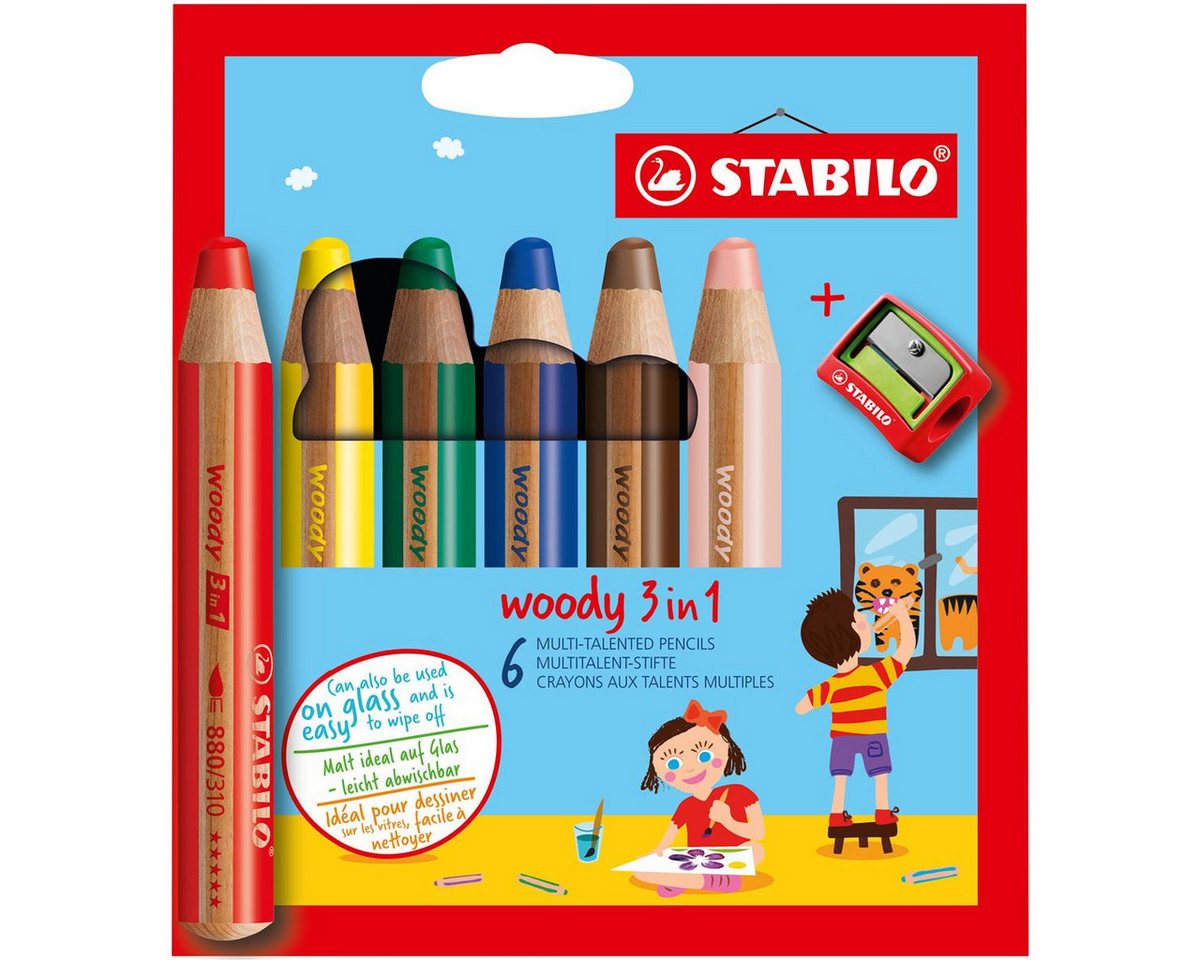 STABILO Buntstift STABILO woody 3 in 1 Buntstift - 10 mm - 6er Set, Multitalent für Buntstift, Aquarell und Wachsmalstift - dick und langlebig