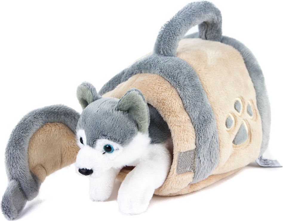 Teddys Rothenburg Kuscheltier Hund Husky in Hütte 15 cm, kuschelweicher Plüsch, grau/beige, maschinenwaschbar bis 30°C