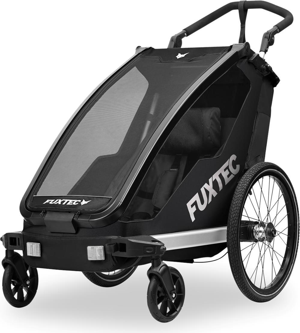 Fuxtec Fahrradanhänger FX-FA1S, Einsitzer faltbar mit Schiebegriff, Kupplung, Regenschutz, Sicherheitsfahne, 5-Punkt-Gurt, max. Zuladung 35kg, Schwarz