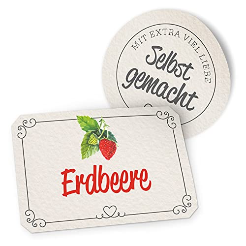 itenga Marmeladen Etikett Erdbeere, selbstklebende Aufkleber in Landhausstil aus hochwertigem Papier, 10 runde (Ø 4 cm) und 10 rechteckige (4,5 x 3 cm) Sticker