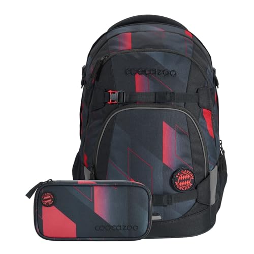 Coocazoo Schulrucksack-Set Mate „FC Bayern”, schwarz-rot, ergonomischer Tornister mit Brust- & Hüftgurt, ab 3. Klasse