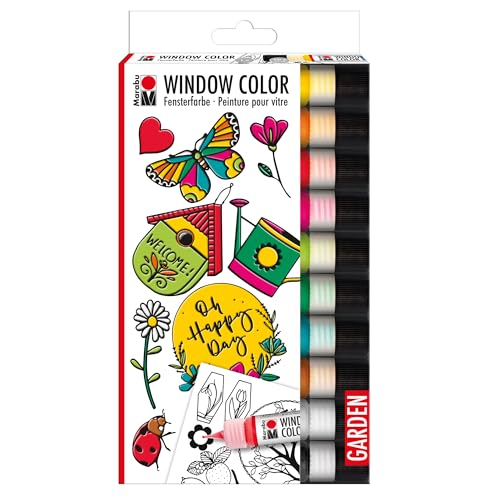 Marabu Window Color Garden, 10 x 25 ml transparente Fenstermalfarbe auf Wasserbasis, ablösbar, 20 Motive auf DIN A4
