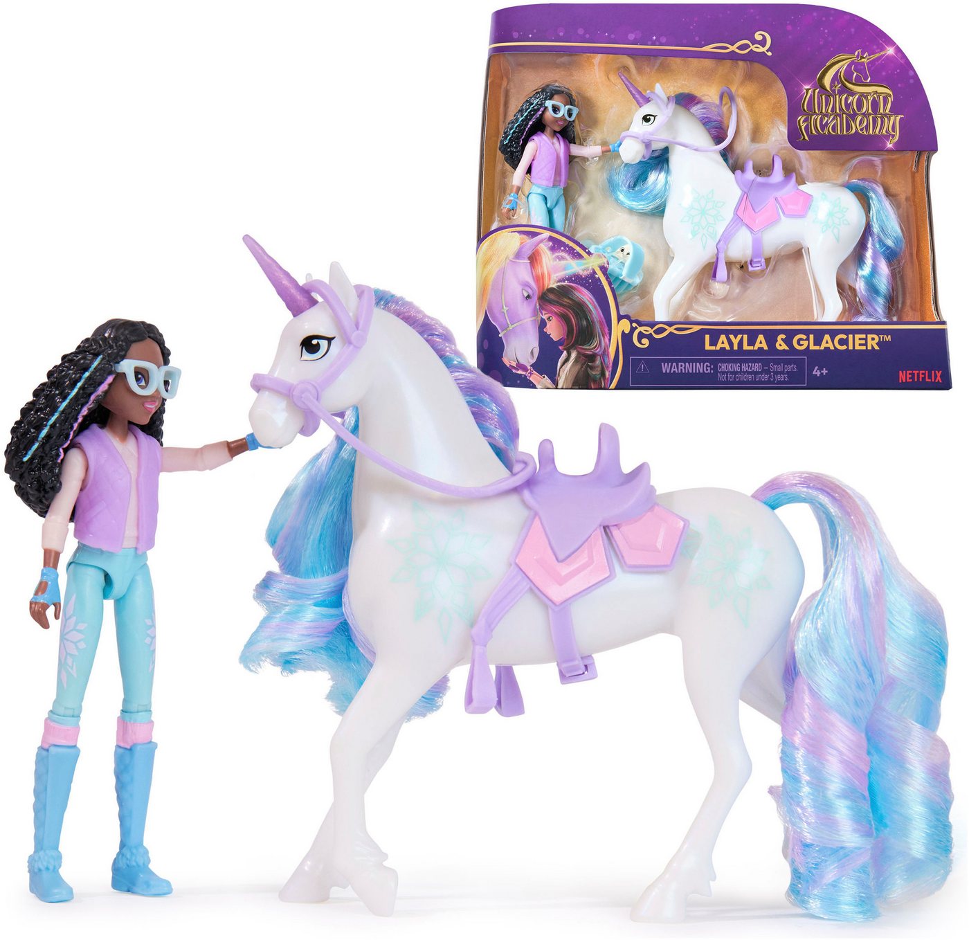 Spin Master Anziehpuppe Unicorn Academy - Small Doll & Unicorn - Layla & Glacier, 12 cm große Puppe mit Einhorn und 7 Gelenken, inkl. Bürste für Einhornpflege