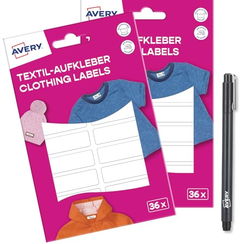 AVERY Zweckform ETVET36XPEN Set Namensaufkleber, wasserfest für Kleidung, 72 Stück, selbstklebende Textil-Etiketten in Weiß, beschriftbar, inkl. Permanentmarker, dermatologisch getestet