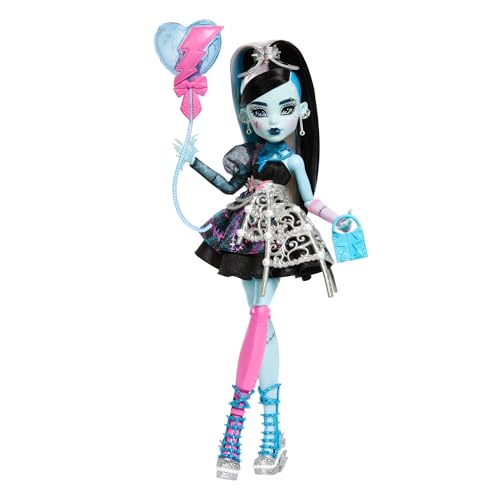 Monster High Scary Sweet Birthday-Puppe, Frankie Stein im schwarzen Partykleid mit themenbezogenem Zubehör und Styling-Accessoires, JBG75