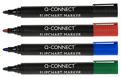 Q-Connect Flipchartmarker KF01551, 4er Pack in Schwarz, Blau, Rot und Grün, Strichstärke 2-3 mm, Rundspitze