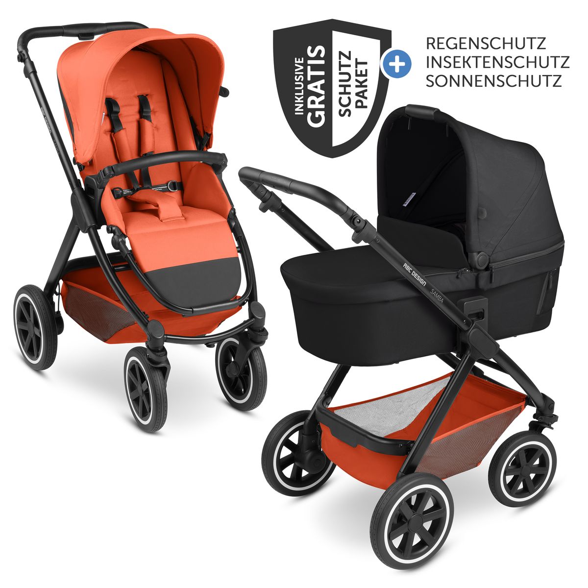 ABC Design Kombi-Kinderwagen Samba inkl. Babywanne & Sportsitz - Carrot, All-Terrain, pannensichere Luftkammerräder, XXL-Zubehörpaket, Gratis Mobilitätsgarantie