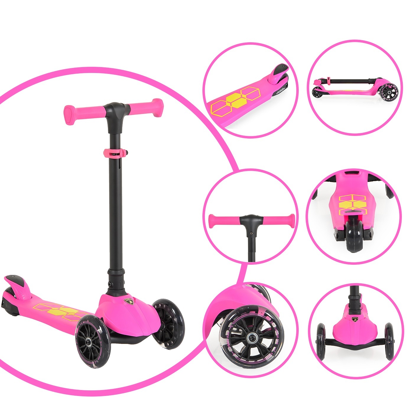 Byox Kinderroller Lamborghini 3 Räder klappbar PolyurethanRäder ABEC-7 LED-Räder Bremse rosa pink
