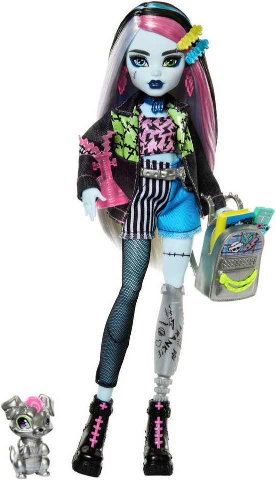 MonsterHigh™ Anziehpuppe Monster High, Frankie Stein mit Haustier Watzie, Patchwork-Jeans-Outfit