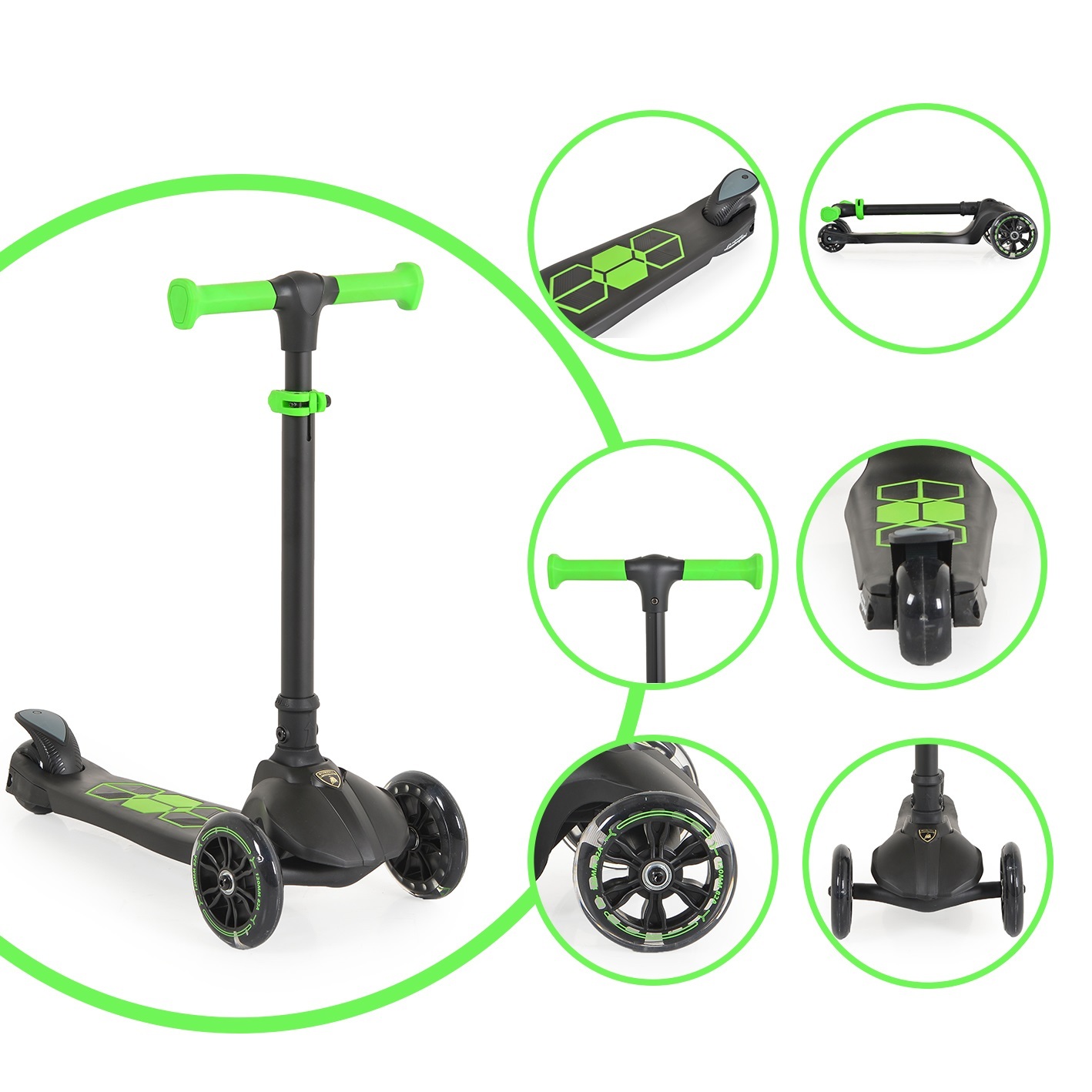 Byox Kinderroller Lamborghini 3 Räder klappbar PolyurethanRäder ABEC-7 LED-Räder Bremse grün