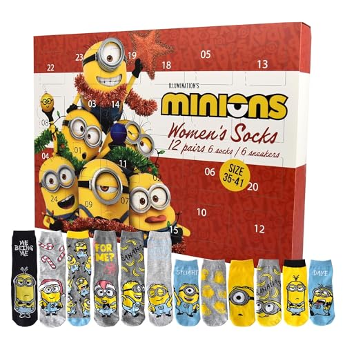 United Labels Minions Adventskalender, 12 Paar Socken für Damen, Größe 35-41, Sneakersocken und lange Socken mit Minions-Designs
