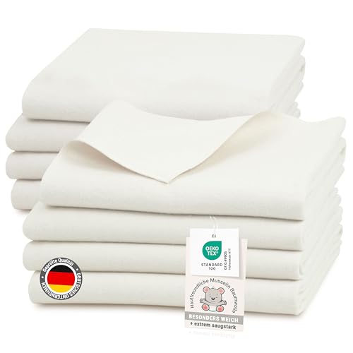 ZOLLNER 8er Set Moltontücher in 80x80 cm aus Baumwolle - saugstarke Wickelunterlage - weich und wärmend - waschbar bis 95°C - naturweiß - Oeko Tex® Zertifiziert