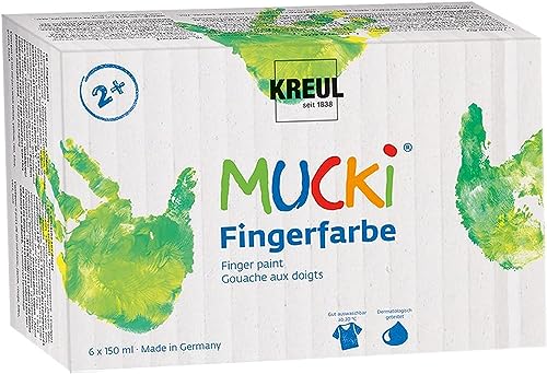 KREUL MUCKI Fingerfarben, 6 x 150 ml, farbsortiert in blau, gelb, grün, rot, schwarz, weiß, dermatologisch getestet, vegan und auswaschbar