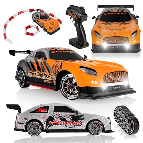 Overmax X-TIREBURNER RC-Auto, Drift-/Rennwagen mit 20 km/h, 2 Akkus, 2 Karosserien, LED-Beleuchtung, Plug’n’Play, Hindernisparcours-Set