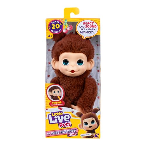 Little Live Pets Baby Monkey Minis Chikki Cherry, interaktiver Plüschaffe mit über 20 Geräuschen, 18,8 cm, weiches braunes Fell, griffige Hände & Füße, sammle alle 3