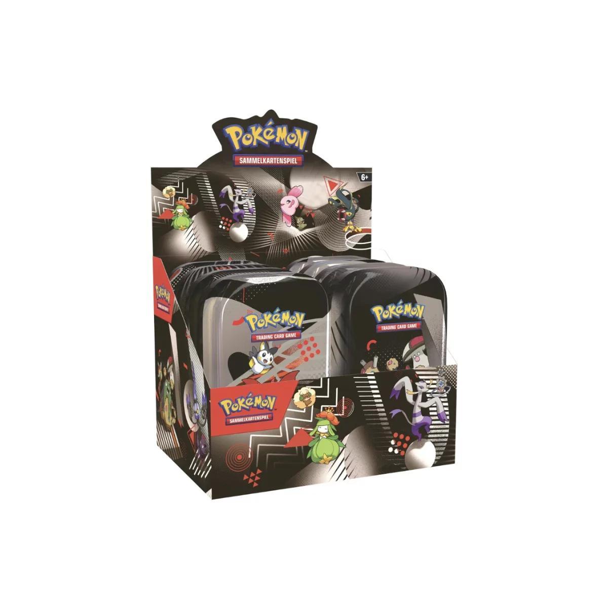 The Pokemon Company Karmesin & Purpur Schwarze Blitze & Weiße Flammen Mini Tin Display, versiegelt, 8 Mini Tins mit Boosterpacks und Stickerkarten, Deutsch