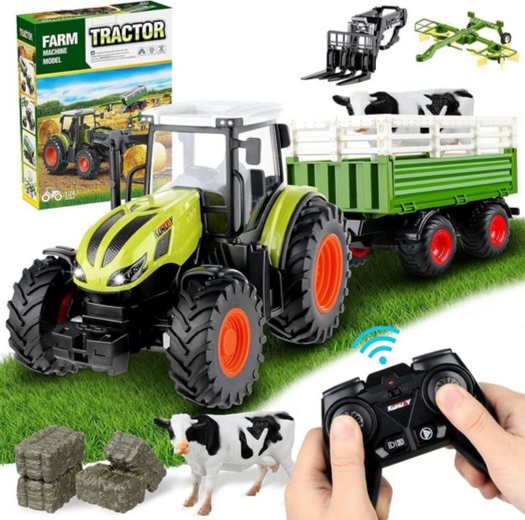 ESUN Ferngesteuerter Traktor Spielzeug, 3 in 1 RC Traktor für Kinder, Bauernhof Spielzeug ab 2 3 Jahre, Hochkompatibel, 1:24 Maßstab, 50 Minuten Fahrtzeit, 2.4G Fernbedienung, blau