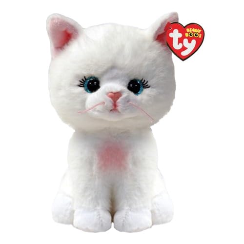 TY Beanie Boos Amelia, Plüschtier Katze mit großen glitzernden blauen Augen, 15 cm, weiß-rosa