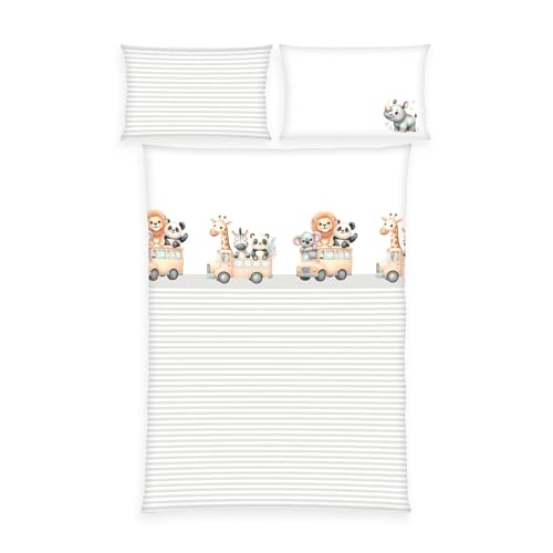 Herding babybest Kleinkinder-Bettwäsche-Set, Adventure Buddies, 100% Baumwolle/Flanell, Kopfkissenbezug 40 x 60 cm, Bettbezug 100 x 135 cm, mehrfarbig, mit Knopfleiste und Hoteleinschlag
