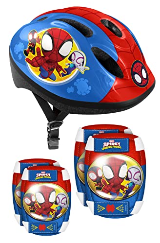 STAMP Jungen Fahrradhelm + Ellenbogen- und Knieschützer Set Spidey, Blau/Rot, Größe S, verstellbar