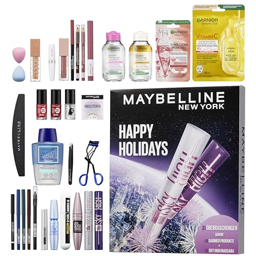 Maybelline New York Adventskalender 2025, 31 Türchen mit 26 Originalprodukten & 5 Goodies, inkl. 2 Sky High Mascara & 4 Garnier Skincare Produkten
