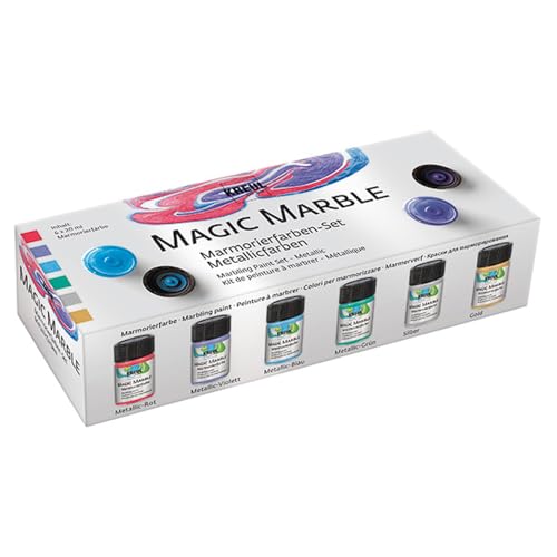 KREUL Magic Marble Marmorierfarbe Metallic Set, 6 x 20 ml in gold, silber, blau, grün, rot und violett für Tauchmarmorieren von Holz, Glas, Kunststoff, Papier und Metall